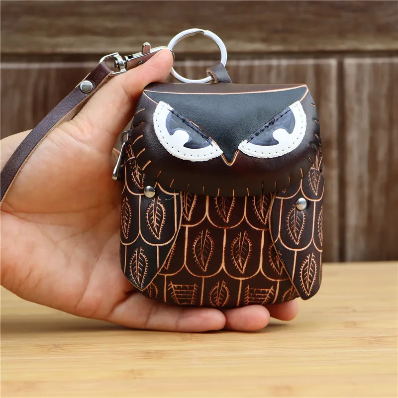 Leather handmade creative owl mini coin purse cowhide card bag key