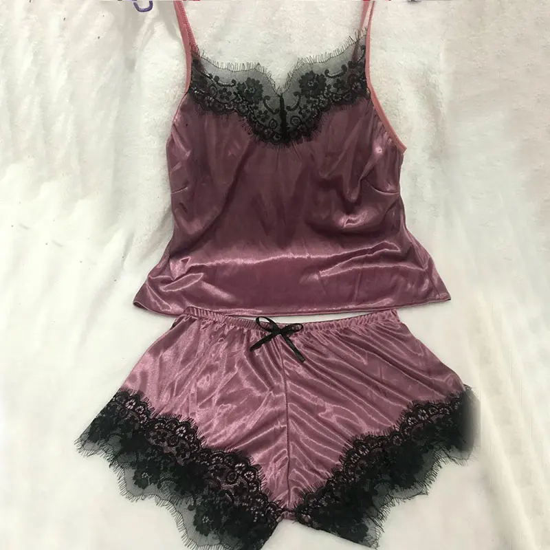 Pale pinkish gray Женская одежда для сна Горячая сексуальная атласная пижама набор черный кружевной v-образный вырез пижамы Спагетти ремень без рукавов милый Cami топ и шорты - Цвет: Pale pinkish gray