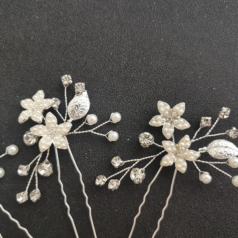 Floralbride Handmade INS Style Alloy Rhinestones Flower Leaf Pearls Bridal Hair Pin Set Wedding Hair Sticker Women Hair Jewelry