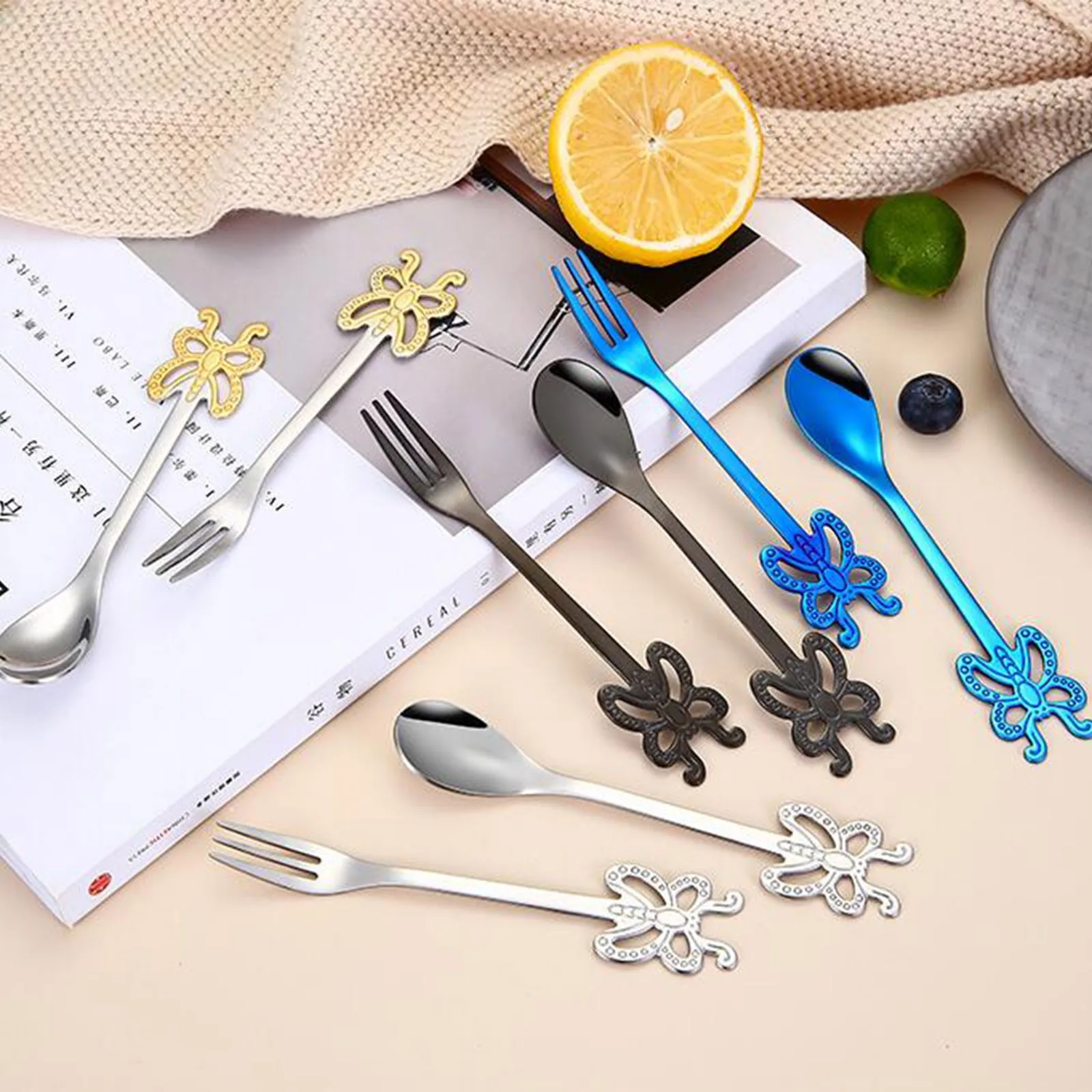 304 Stainless Steel Flower Seven Color Dessert Fork Fruit Cute Cat Spoon Cake Tiny | Дом и сад