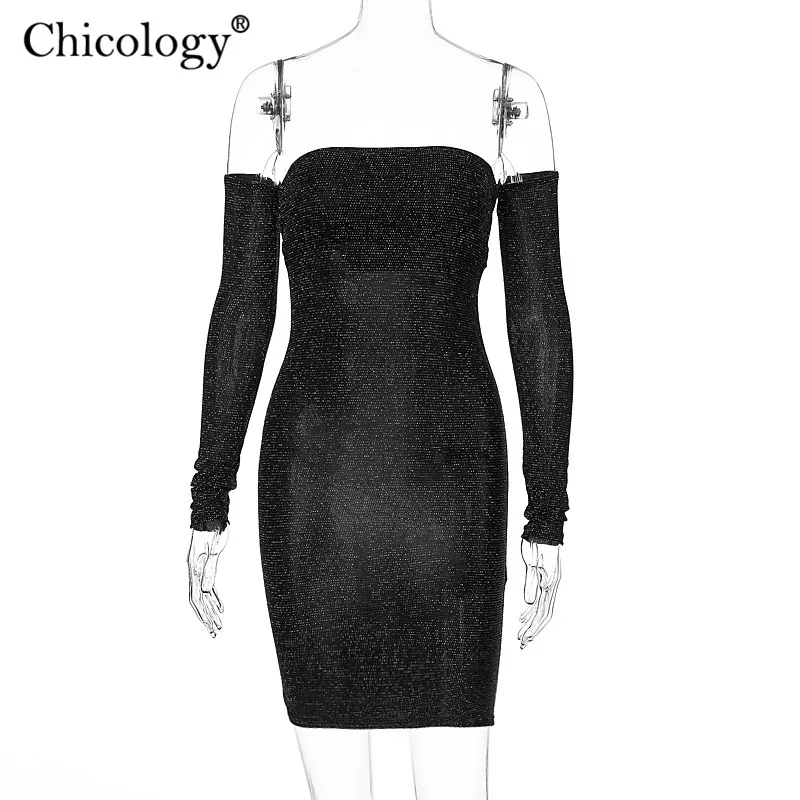 Chicology металлический блеск с открытыми плечами длинным рукавом Лонгслив облегающее обтяжку мини праздничное платье на осень-зиму женское сексуальные Одежда