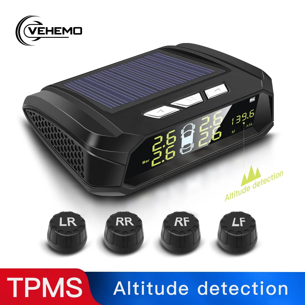 

VEHEMO Solar Power Smart Car TPMS Tire Pressure Monitoring System Digital LCD Display With 4 External TPMS Sensor