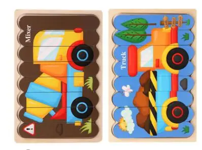 Double Sided Strip 3D Puzzles Baby Toy Wooden Montessori Materials Educational Toys For Children Large Bricks Kids Learning Toys Dark Khaki