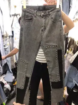 

2019 new metal rivet color matching elastic slim pencil pants jeans women denim pants r2030