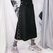 Осенняя панк свободная А-образная юбка средней длины черная Мода Большие складки Высокая талия железное кольцо сплайсинга выдалбливают Longuette