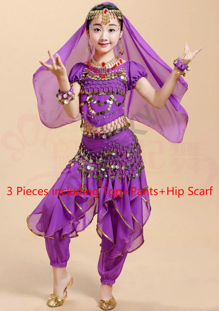 Арабский танец живота с блестками, профессиональный костюм для танца живота, детские костюмы, Детский костюм, комплект для взрослых и детей, топ, штаны - Цвет: Purple3pcs
