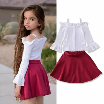 

Toddler Newborn Kid Baby Girl Clothes Set Spring Solid Long Sleeve Off Shoulde Tops Ruffle Skirt Suit Cotton Clothing 2PCS