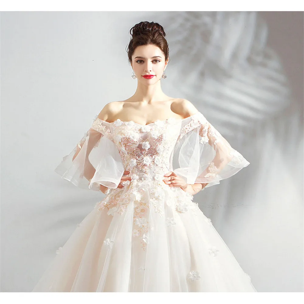 Perlen Kleid большой шлейф Фея Выпускные платья с вышивкой цветок колокольчик рукав