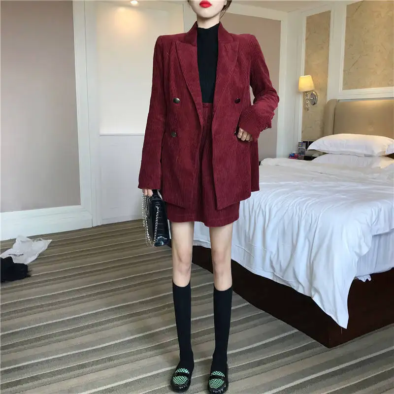 JuneLove Autumn Solid Women Elegant Corduroy Blazer OL Notch Collar Jacket Female Wine Red Double Breasted Coats Outwears Bottom