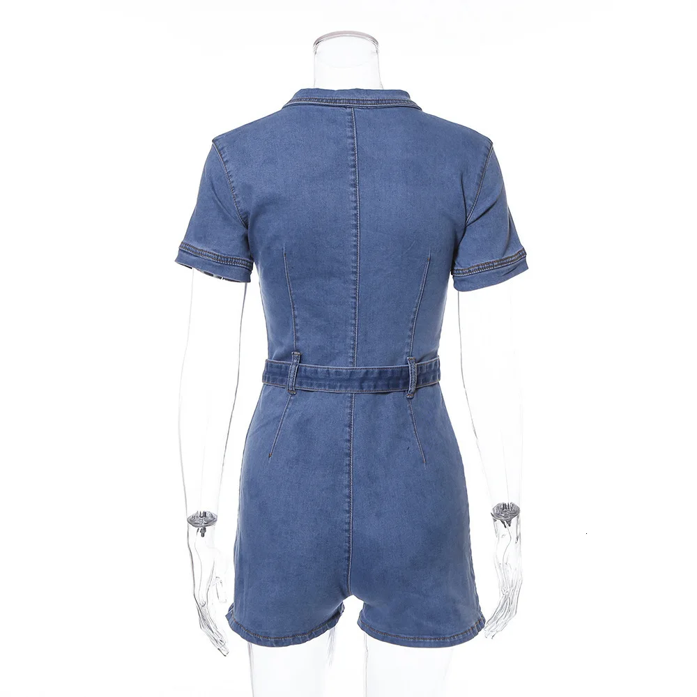 2019 новые весенние уличные женские костюмы пикантные Глубокий V молнии ремень синий ковбой короткий рукав купальный костюм с шортами летняя