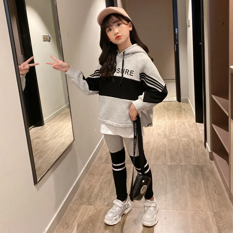 INS/стильные модные спортивные Леггинсы для девочек костюмы зимняя утепленная толстовка с капюшоном+ обтягивающие штаны 2 шт. верхняя одежда для девочек-подростков 140 150 160 - Цвет: Серый