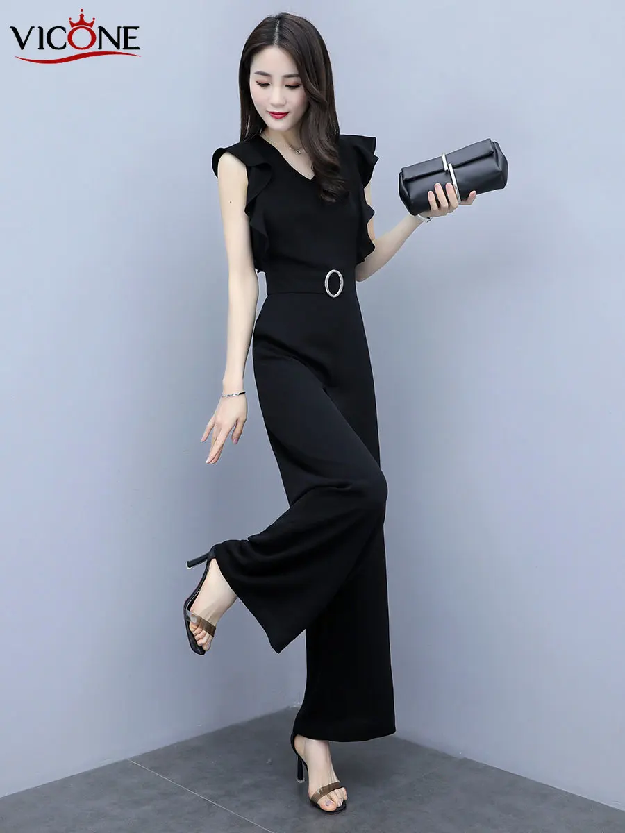 

VICONE Black Elegant Office Lady Solid Ruffle Sleeveless Rompers Summer Workwear Women Jumpsuits