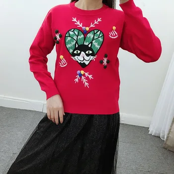 

Women Sweaters and Pullovers 2020 Spring New Theart Cartoon Cat Head Embroidery O-Neck Loose Sweater Casual Pullover Knit Tops