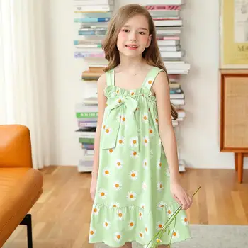 

Summer Bow Floral Print Cartoon Nightdress For Girls Soft Cotton Nightgown Children Mid Long Loose Sleep Dress Child Home Wear