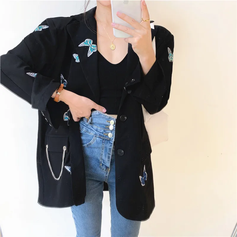 

butterfly embroidery loose mid-length suit jacket women 2020 new fashion retro design sense casual long-sleeved suit