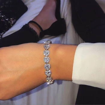 

New Iced Out AAA Cubic Zirconia Heart Tennis Bracelet Silver color Hearts Charm cz chain Bracelet Hip Hop Jewelry for women