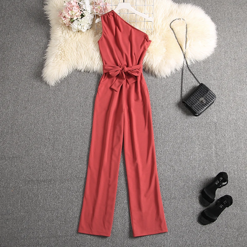 ALPHALMODA Oblique Shoulder Outfit Sashes Solid Color Slim Fit Ladies Elegant Party Jumpsuit Summer Fashion Rompers ALPHALMODA Oblique Shoulder Outfit Sashes Solid Color Slim Fit Ladies Elegant Party Jumpsuit Summer Fashion Rompers