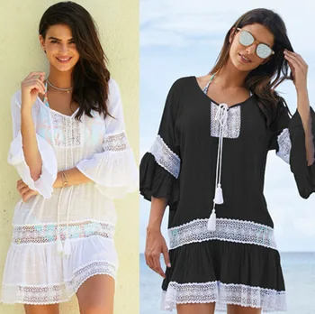 

2020 New Slubbed Fabric Lace Drawstring Bell Sleeve Beach Skirt Bikini Cover-up Seaside Holiday Sun Shirt