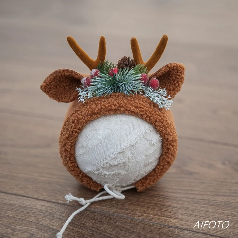 1Antler hat Реквизит для фотосессии новорожденных, Рождественская шапка, шаль, Набор вязаных крючком милых головных уборов, рога, капот, аксессуары - Цвет: 1Antler hat