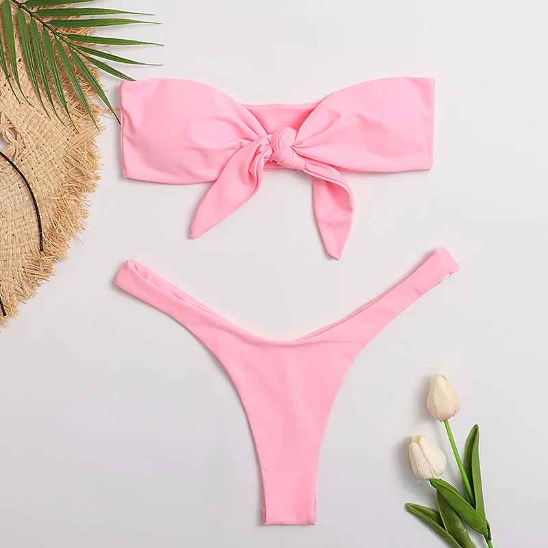 

Bandeau Swimsuits 2020 Beach Thong Bikini 2020 Pink Bandeau Women's Two Pieces Bathing Suit Front Knot Bikinis Push Up Mujer
