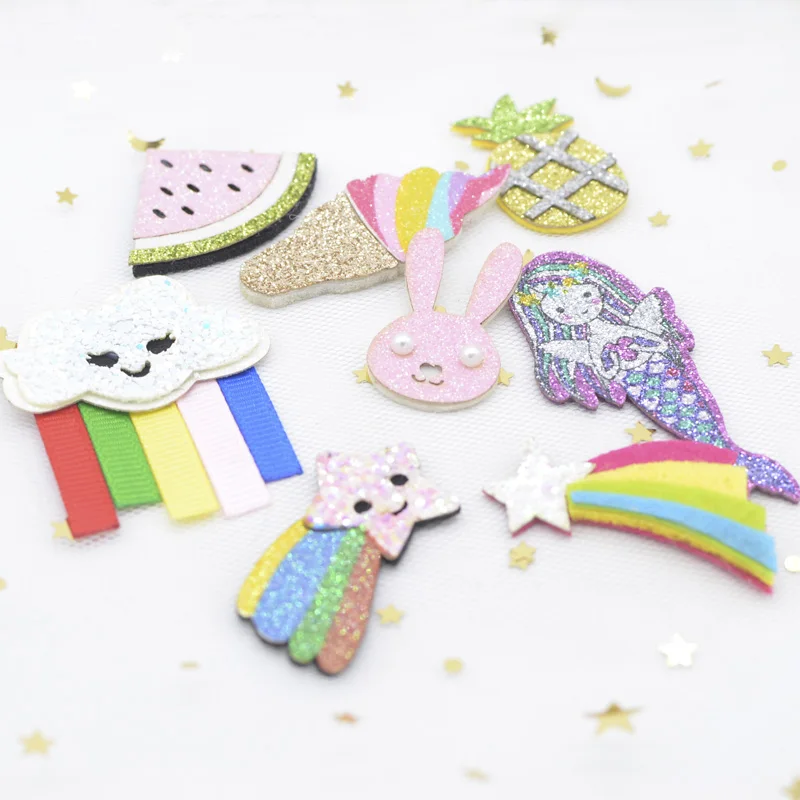 8Pcs Glitter Watermelon Pineapple Ice Cream Rabbit Smiley Starlight Clouds Mermaid Appliques for DIY Hair Clips Bow Stickers H61