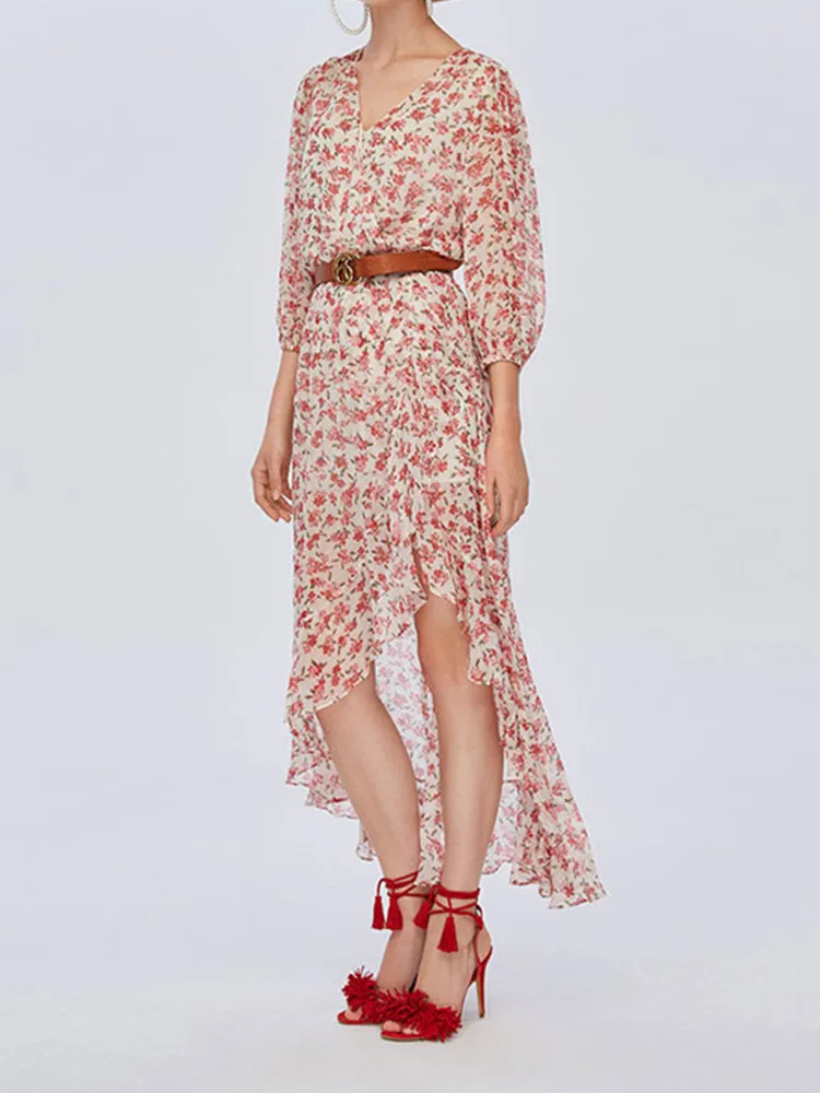 

Women's Floral Print V-neck Irregular Long Sleeve Midi Dress Spring And Summer New Female Holiday Long Dress