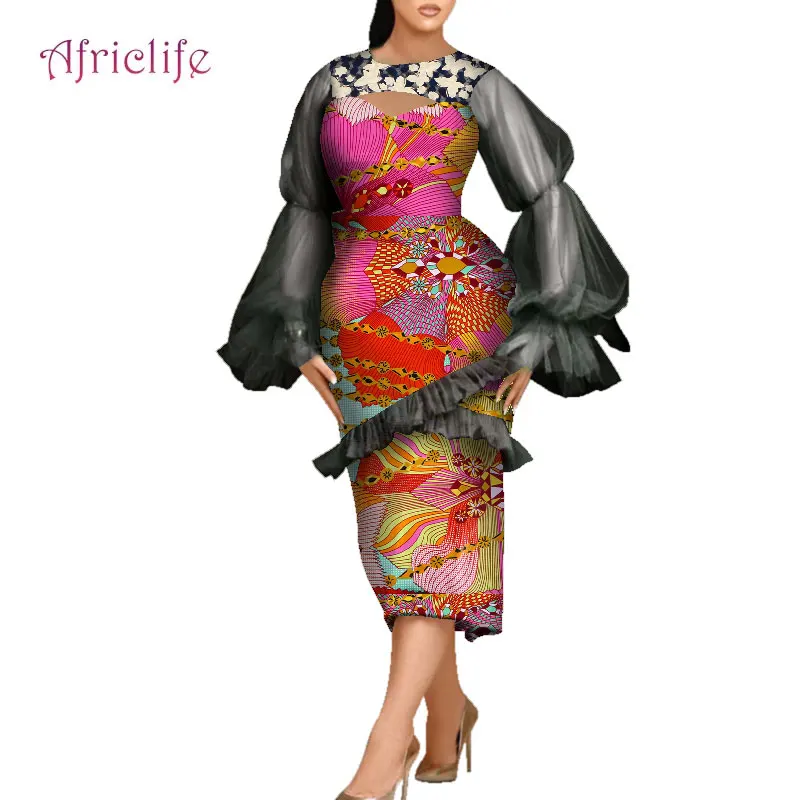 

Fall African Women Clothing Lady Sexy Black Chiffon Puff Sleeve and Lace Necklace Dashiki Woman Clothes 2020 Newest WY7205