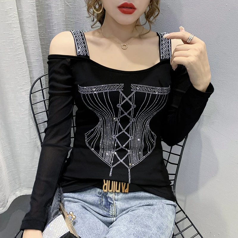 2020 Autumn new woman tshirts Fashion sexy off the shoulder women t-shirt long sleeve Hot drilling plus size women clothing 2020 Autumn new woman tshirts Fashion sexy off the shoulder women t-shirt long sleeve Hot drilling plus size women clothing