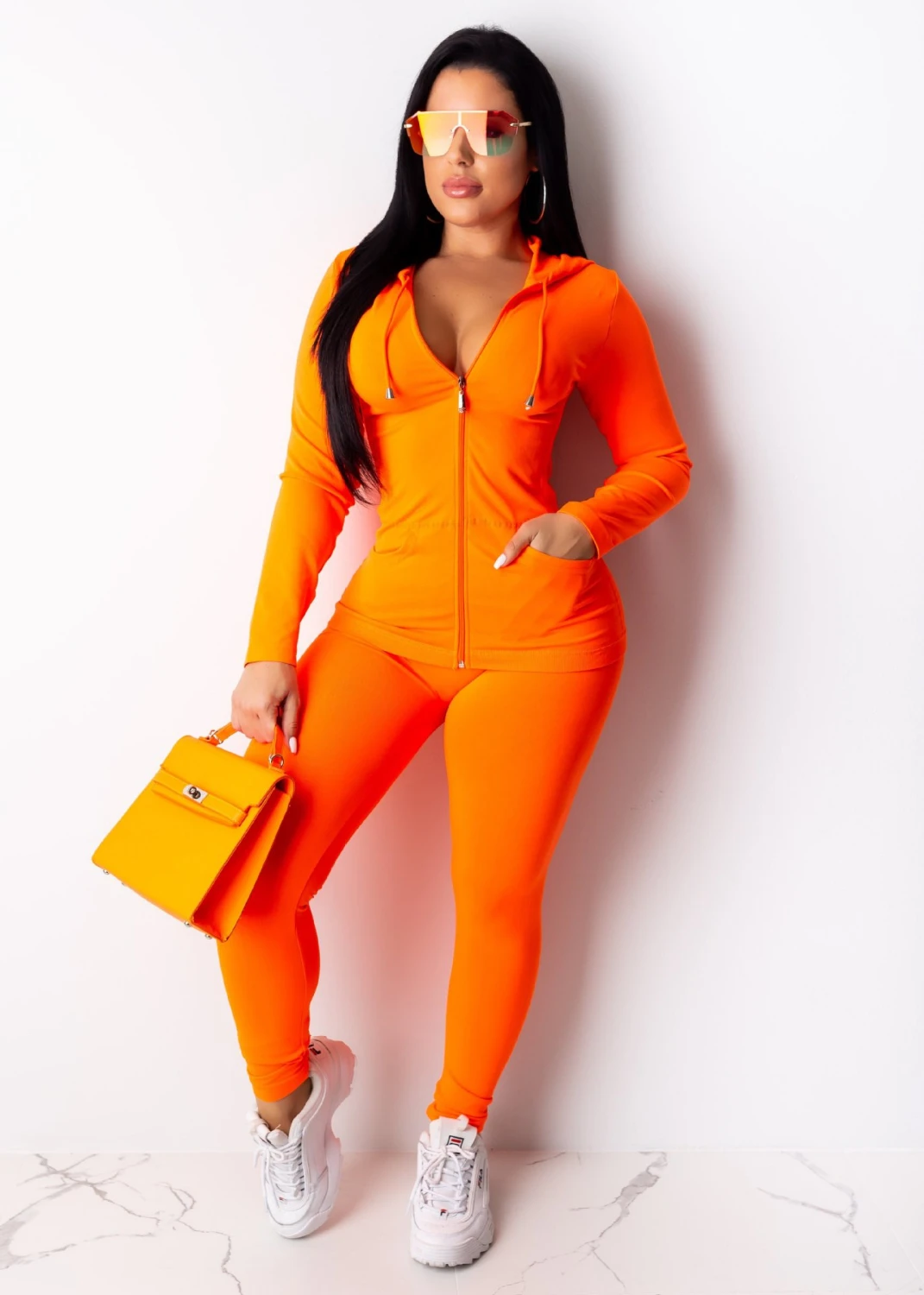 Куртки с капюшоном, комплект из 2 предметов, женская одежда на осень и зиму, топ и спортивные штаны, спортивный костюм, комплект из двух предметов, комплект одежды - Цвет: neon Orange B