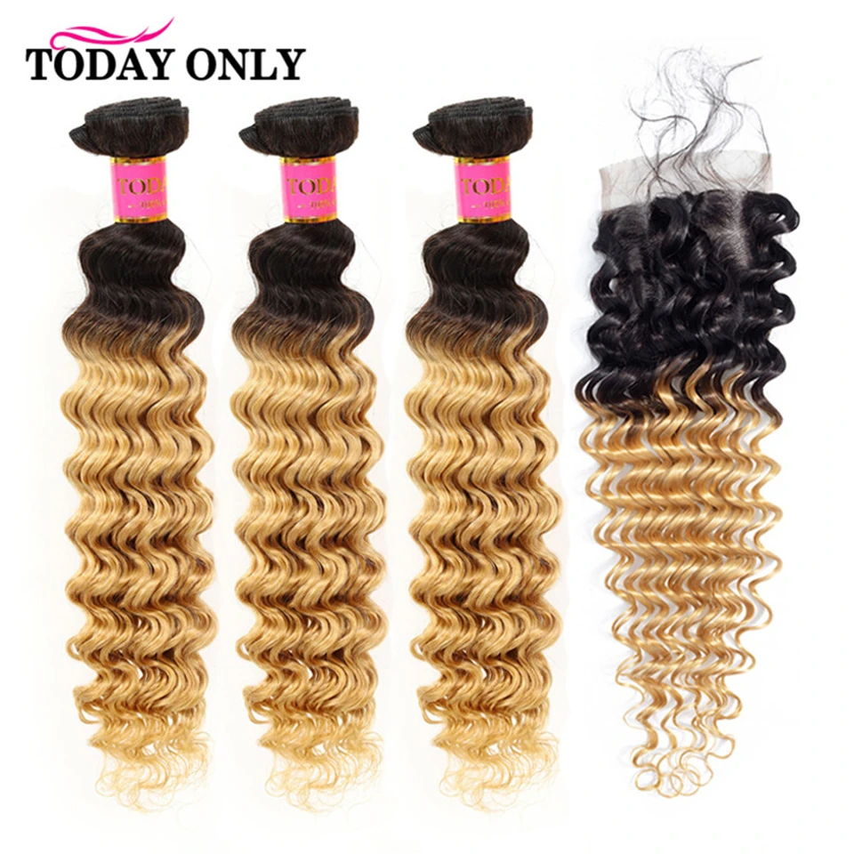 

TODAY ONLY Brazilian Deep Wave Bundles With Closure Blonde 3Bundles With Closure Remy Ombre Human Hair Bundles With Lace Closure