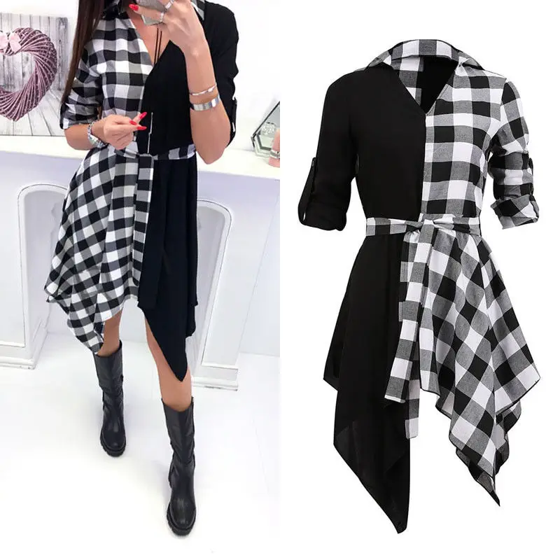 New Womens V-Neck Check Dress Long Sleeve Sashes Loose V Neck Plaid Tops Casual Sexy Mini Dress