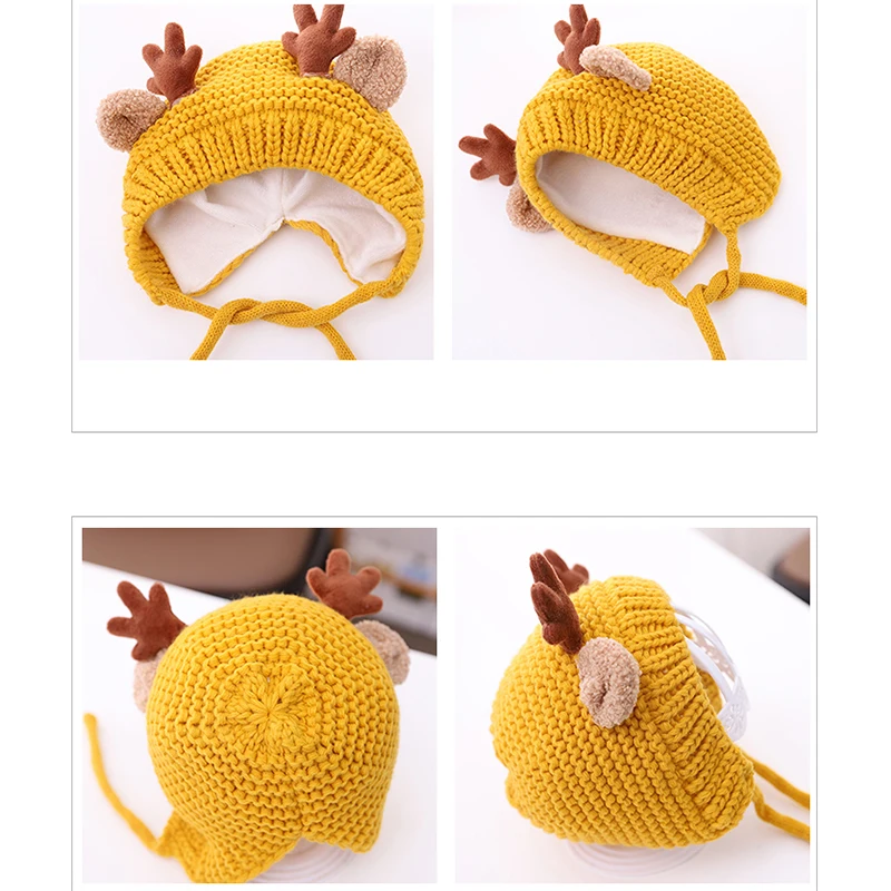 Cute Deer Elk Antlers Baby Hat Winter Warm Plush Knitted Ear Warmer Children Hat Bonnet Boys Girls Cap Beanie Christmas Hats
