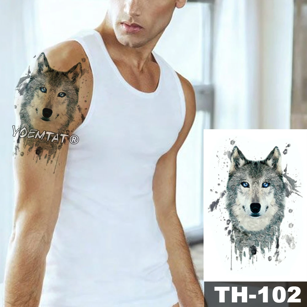 Waterproof Temporary Tattoo Sticker Blue Eyes Gray Cool Wolf Pattern Water Transfer Wild Animal Body Art Flash Fake Tatoo | Красота и