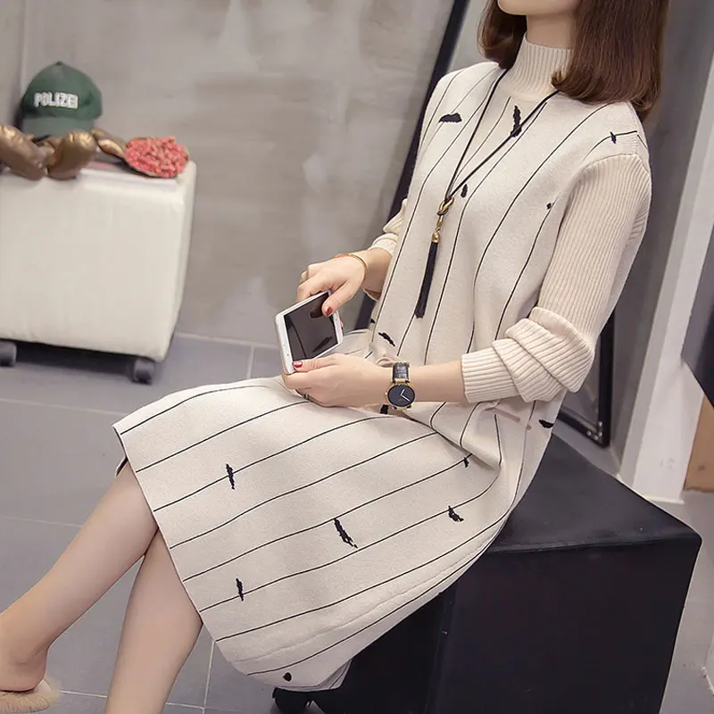 Женское трикотажное платье свитер с высоким воротником и длинным рукавом|Платья|