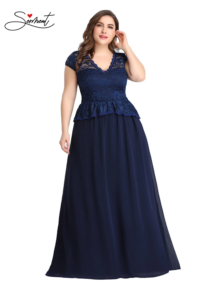 

OLLYMURS New Elegant Woman Evening Gown Plus Size Lace Short Sleeve Asymmetric Ruffled Plus Size Long Evening Dress