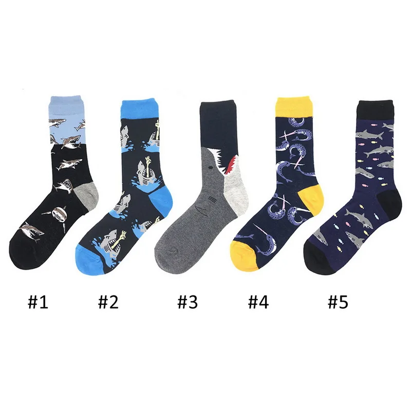 Dihope Casual Combed Cotton Men's Socks Tend Harajuku Street Hip Hop Funny  Colorful Shark Pattern Long Sock For Men