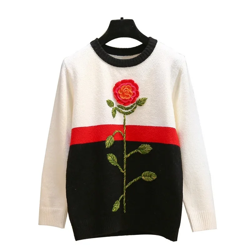 Neploe Fashion High Street Sweater Winter Women Flower Embroidery Knit Sweaters Patchwork Casual Pullover Jumper Pull Femme