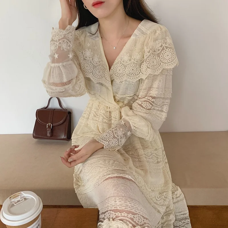 

Women Spring Sexy V Neck Lace Long Princess Dress Elegant Long Sleeve High Waist Floral Hollow Dresses Slim Fit