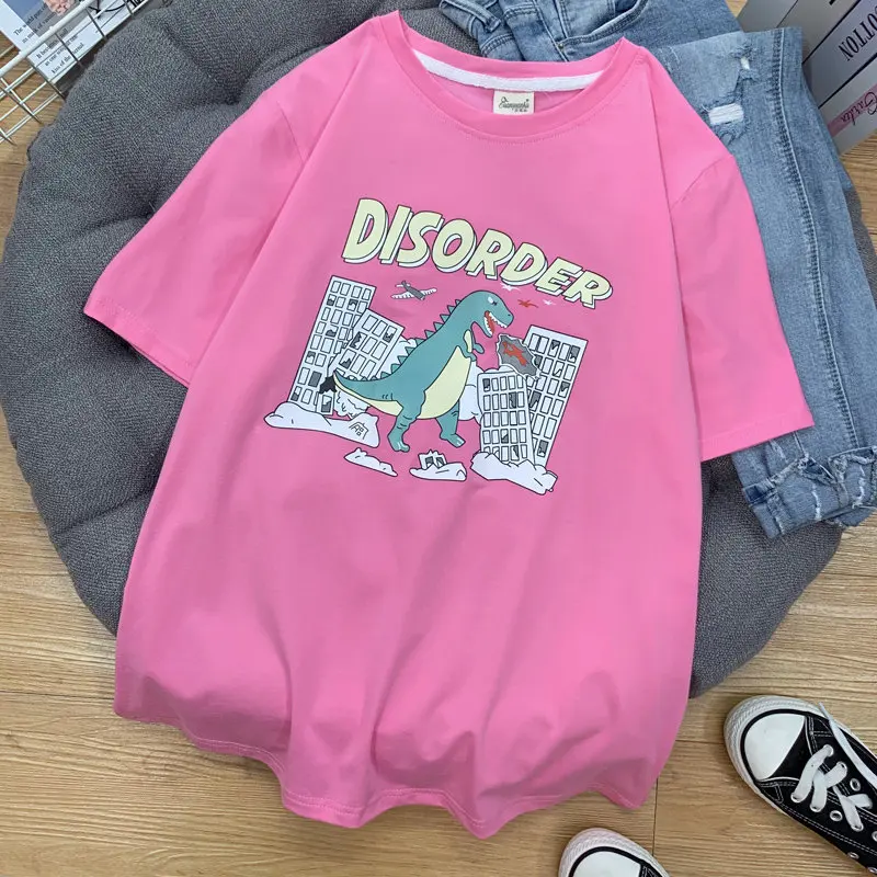 95% Cotton summer Ins Hot Plus Size women t-shirts harajuku Korean Streetwear couple clothes dinosaur short Tops japanese D03