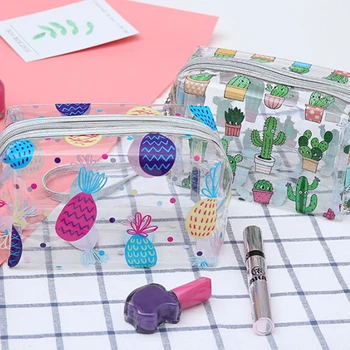 

Useful PVC Cosmetic Bag Cactus Pineapple Makeup Storage Pouch Women Travel Clear Toiletry Cosmetic Bag Beach Wash Organizer Bag