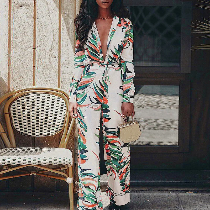 

Women Jumpsuit Elegant Floral Print Casual loose autumn Pant Sexy Deep V-neck long sleeve Jumpsuits Overalls For Women