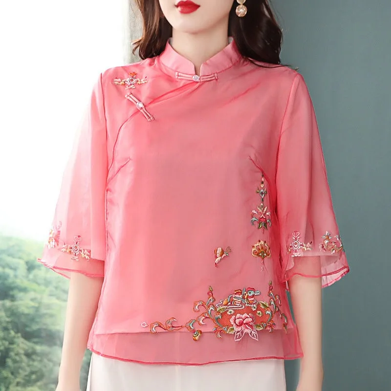 Chinese Style Summer Spring Womens Mandarin Collar Embroidery Cheongsam
