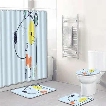 

Cartoon Hourse and Deer Bear Floor Mat Shower Curtain Bathroom Non-slip Mat 4pcs Bath Mat Set Anti Slip Bathroom Carpet