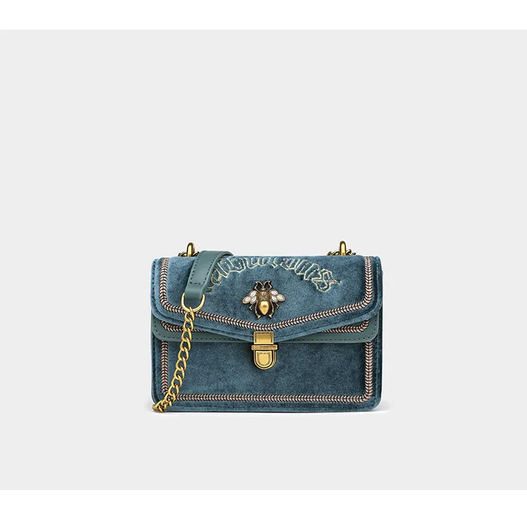 Black Blue Green Luxury Embroidered Velvet Handbag for Women Brand Gold Chain Shoulder Bags Female Small Bee Lock Cross body Bag (5)