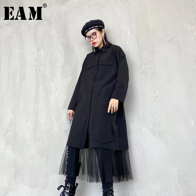 

[EAM] Women Black Mesh Hemline Split Joint Shirt Dress New Lapel Long Sleeve Loose Fit Fashion Tide Spring Autumn 2020 1R799