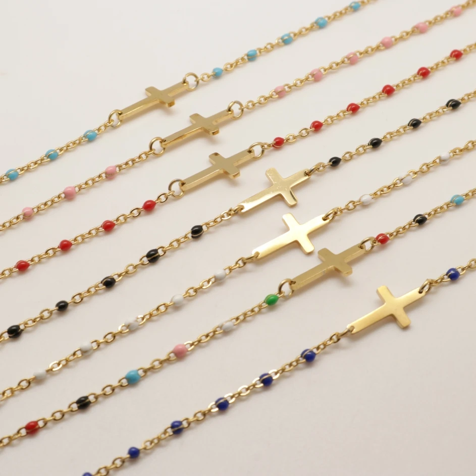 Stainless Steel Bracelets Link Cable Chain Cross Golden Enamel Bracelet Jewelry For Women Gifts 18cm Long 1 PC bracelet jewelry