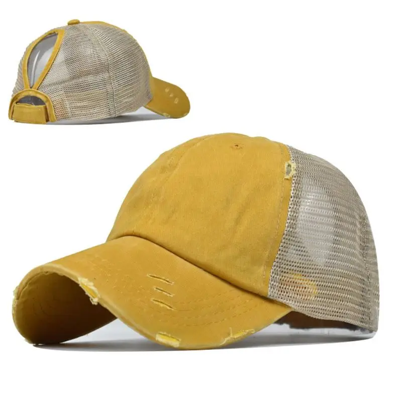 

Women Ponytail Messy High Bun Baseball Cap Washed Distressed Mesh Snapback Hat