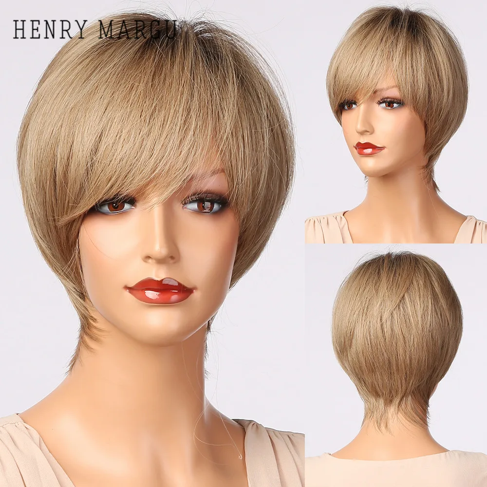 Synthetic Wigs Bangs Short-Blonde Cosplay Straight Women Heat-Resistant Natural Ombre