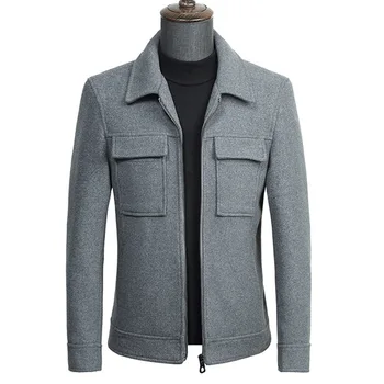 

2020 Autumn New Men's Wool Jacket Business Fashion Solid Color Double Pocket Tooling Coat Male Brand Clothes Gray Khaki Black