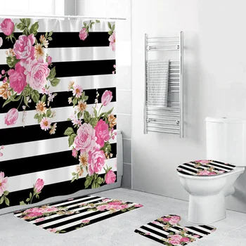 

Fashion Bathroom Shower Curtain Flower Printed Waterproof Bath Curtain Sets Toilet Cover Mat Non-Slip Bathroom Rug Set